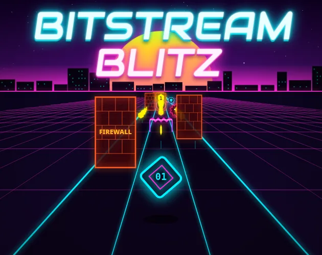Bitstream Blitz: a neon data packet racing down a glowing fiber line past a firewall
