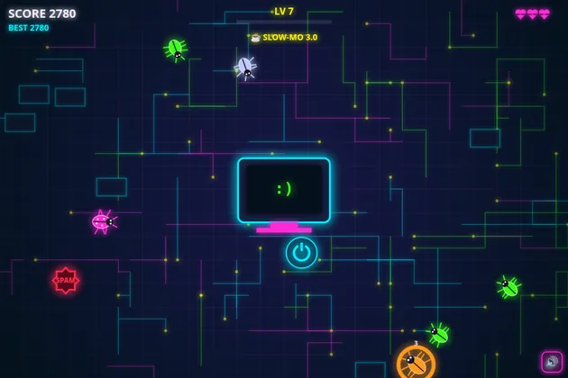 Bug Smash gameplay: neon bugs crawl toward a smiling computer screen